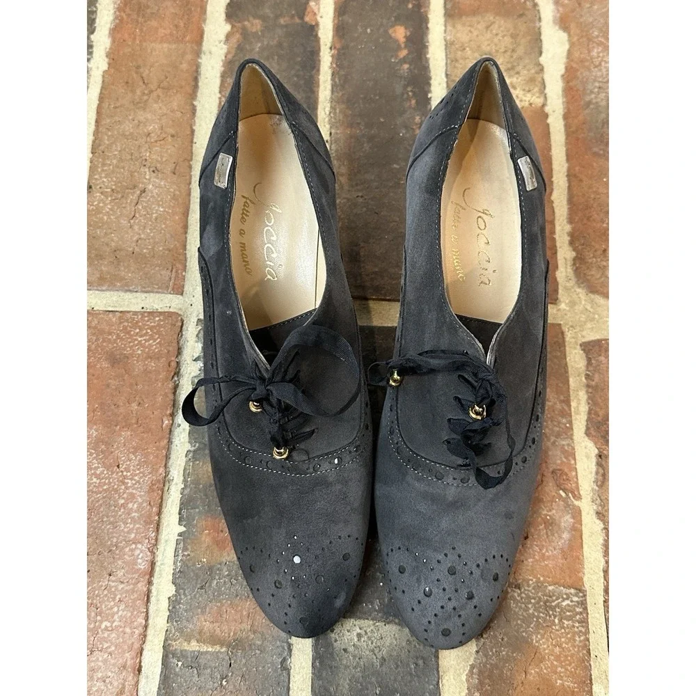 Joccia Italy Lace-Up Oxford Heel Gray Suede Handmade Wingtip Detail Women's 9.5